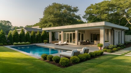 Luxury Villa Oasis: A luxurious villa with a sparkling swimming pool and beautifully landscaped grounds, perfect for relaxation and enjoyment. 