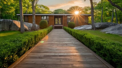 Obraz premium Harmony House: A stunning property seamlessly blends natural beauty and modern architecture, with a sunlit wooden walkway leading to the front door.