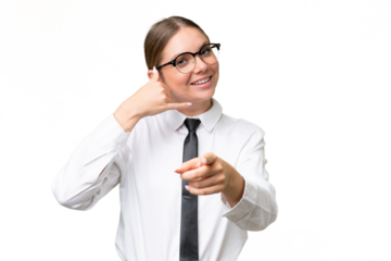 Young business caucasian woman over isolated background making phone gesture and pointing front