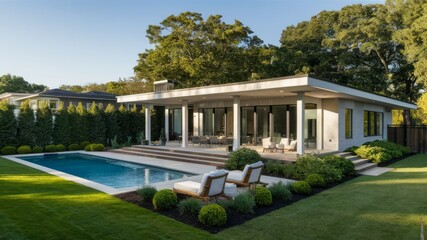 Modern Villa with Pool: A stunning modern villa with a sleek design and a refreshing swimming pool, showcasing luxurious outdoor living. Lush landscaping, a serene atmosphere.