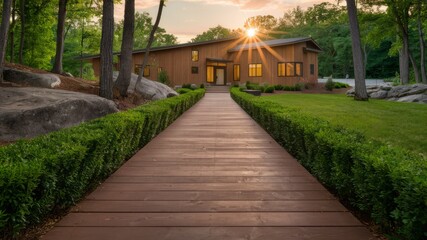 Obraz premium Serene Home Pathway at Sunset: A meticulously crafted wooden pathway leads towards a contemporary home nestled amidst lush greenery.