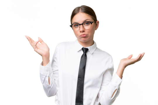 Young business caucasian woman over isolated background having doubts while raising hands - Powered by Adobe