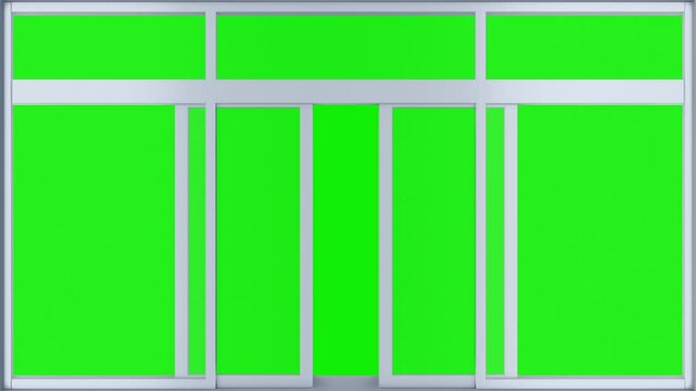 Double sliding automatic glass doors in clean interior. Entrance or exit to supermarket, train station or office. Realistic 3d animation on green screen background.