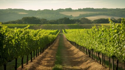 Naklejka premium Vineyard Rows in Sunlit Landscape: A scenic view of lush green vineyard rows, stretching towards distant hills bathed in golden sunlight, evoking tranquility and the promise of a bountiful harvest.