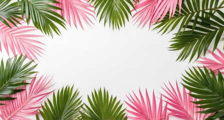 Pink and green palm leaves frame on white background, empty free space for text in the middle. Abstract tropical border. Flat lay, top view. For banner, poster, advertising, design. Summer concept