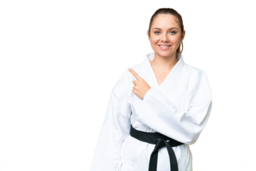 Young blonde woman doing karate over isolated chroma key background pointing to the side to present a product