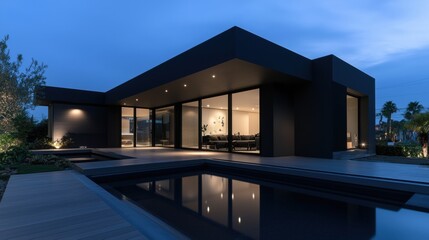 Fototapeta premium A large black house with a pool and a patio