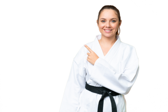 Young blonde woman doing karate over isolated chroma key background pointing to the side to present a product