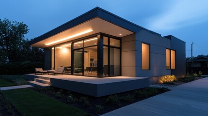 A modern home with a large glass window and a black roof