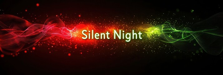 Abstract glowing Christmas light burst with a gradient from neon red to neon lime, softly lit against a dark backdrop, with the words "Silent Night" in serene, luminous text