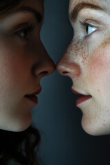 Obraz premium A close-up shot of two women looking at each other, possibly having a conversation or sharing a moment