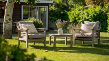 Serene Garden Scene: A meticulously landscaped garden with wooden outdoor furniture. The scene captures tranquility, the beauty of nature.