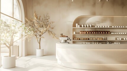 Elegant cafe interior with clean minimalist aesthetics