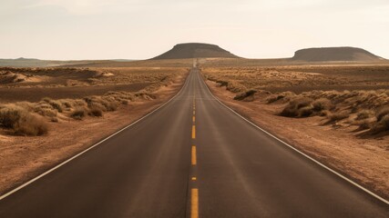 Fototapeta premium Open Road to Horizon: An endless asphalt road stretches into the horizon, cutting through a vast, arid desert landscape under a pale sky. This evocative image captures the sense of freedom.