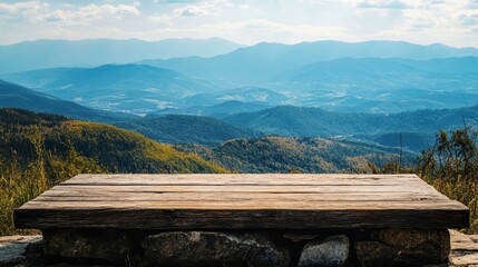3d rendered empty wooden stage podium in the mountains