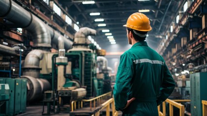 Fototapeta premium Industrial Foreman: A pensive foreman in a green uniform and yellow hard hat surveys his vast industrial facility, showcasing the scale of modern manufacturing and the dedication of its workforce.