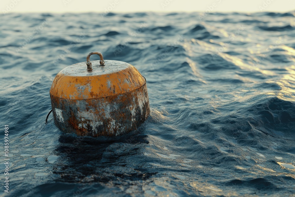 Poster a yellow buoy floating in a calm lake with surrounding vegetation and clear water