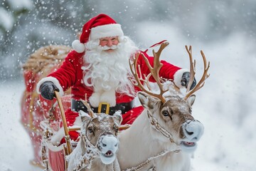 a santa claus with a beard and red costume rides on a sleigh in the snow with reindeer