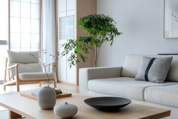 Cozy home decor scene with modern furniture and a green plant