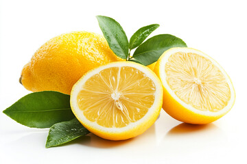 Fresh Lemons with Green Leaves on White Background