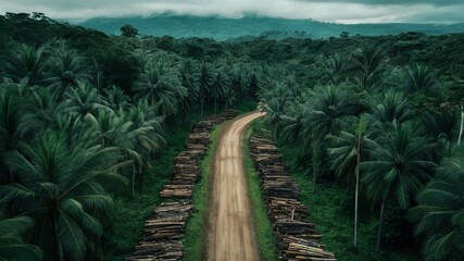 Fototapeta premium Uncharted Path Through Tropical Rainforest: A winding dirt road disappears into the depths of a lush tropical rainforest, with towering palm trees flanking the path.