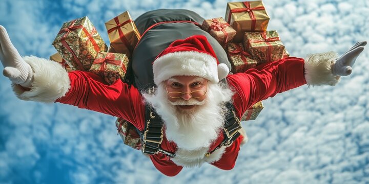 Santa Claus as a skydiver jumps to earth with a parachute and many gifts on his back