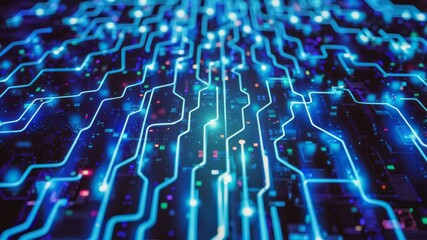 Obraz premium Digital Pathways: A vibrant display of intricate circuit board pathways, illuminated with a dynamic array of neon blue and electric colors.