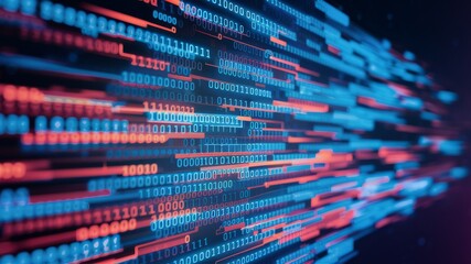 Binary Code Flow: A captivating visualization of binary code streams, data flow, and digital information in shades of blue and red, representing the essence of the digital age. 