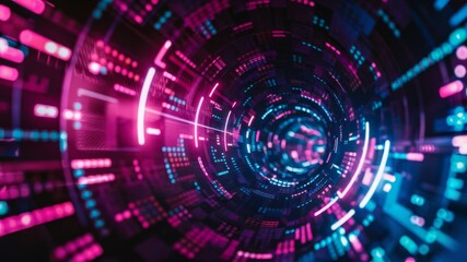 Cybernetic Gateway: A mesmerizing tunnel of digital pathways pulses with vibrant neon light, offering a glimpse into a future of advanced technology and interconnected systems.