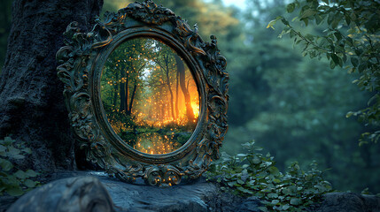 A lifelike enchanted mirror with ornate carvings reflecting a magical forest scene at twilight with glowing lights