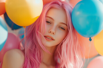 Young Pretty pink-haired girl at outdoors holding balloons