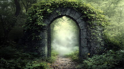 Fototapeta premium Lifelike stone archway overgrown with vines leading into a misty forest path at dawn