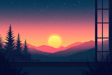 Serene Sunset View From A Window Over Mountain Range