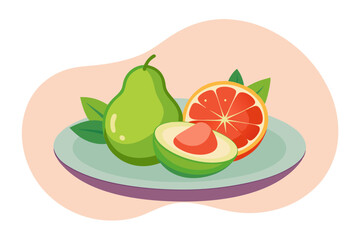 Naklejka premium Minimalist Fruit Plate Perfectly Sliced Avocado, Grapefruit, and Strawberries