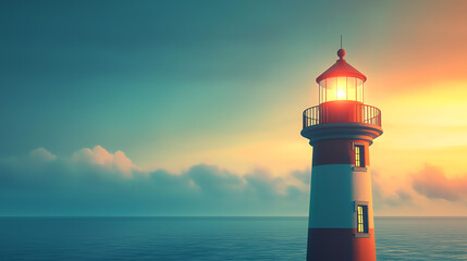 A lighthouse with a slight bend stands tall, gazing out over calm waters at sunset