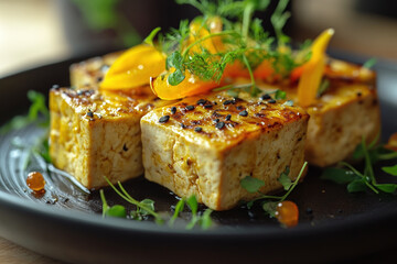 Styled tofu preparation with garnish.