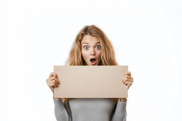 Naklejka premium Young pretty blonde woman over isolated white background holding an empty placard