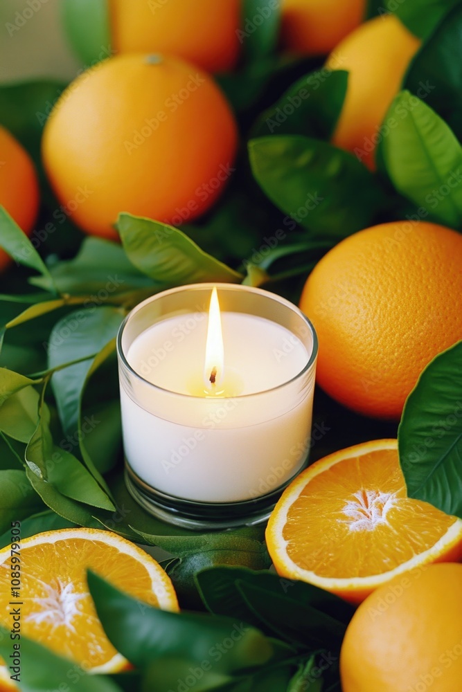 Poster a single lit candle sits amidst a display of oranges and fall leaves, creating a warm and cozy atmos