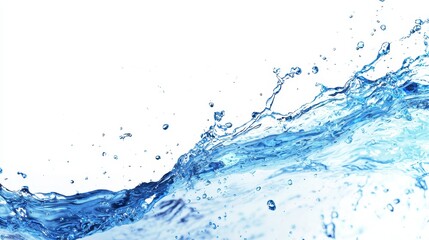 Sparks of blue water on a white background, creating a dynamic and refreshing effect.