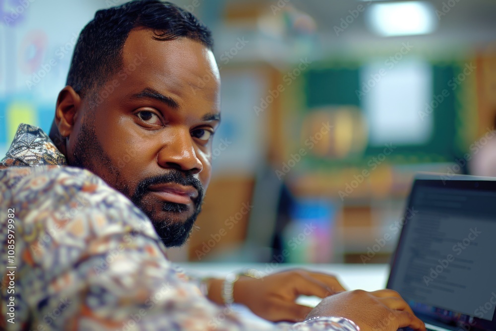 Poster a person sitting at a desk with a laptop open, possibly working or browsing