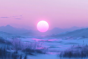 Fototapeta premium Pink sun setting over snowy landscape in pastel colors.