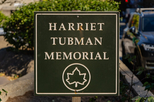 New York, NY US - November 11, 2024: Sign at the Harriet Tubman Memorial or Swing Low by artist Alison Saar in Harlem. Tubman, an African-American abolitionist known for the Underground Railroad.