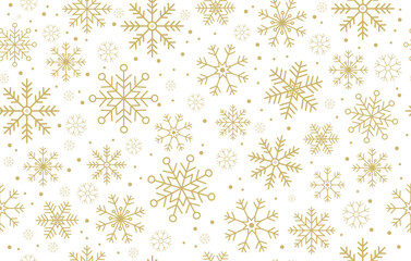 Christmas, New Year seamless pattern with golden snowflakes on the white background. Cute vector textures for wrapping paper. Winter holidays concept.