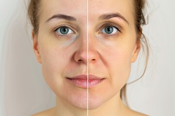 Before and after retouching image of a woman's face, highlighting the process of editing out imperfections