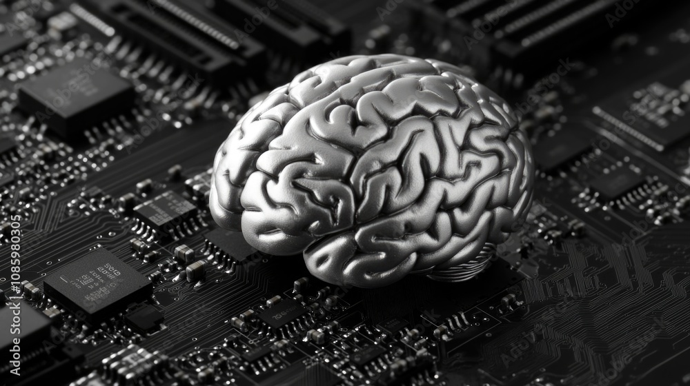 Poster A computer motherboard with a unique silver brain component
