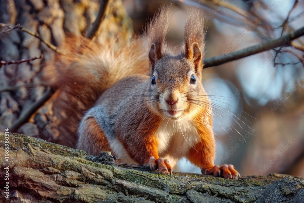 Poster a squirrel sits comfortably on the top of a tree branch, surrounded by foliage