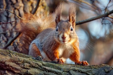 Fototapeta premium A squirrel sits comfortably on the top of a tree branch, surrounded by foliage