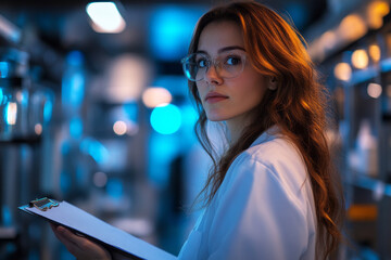 A confident female scientist stands in a modern lab holding a clipboard. Her focused, determined expression shows her knowledge and insight in the research space