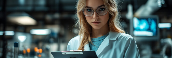 A female scientist in a modern lab stands with a clipboard, her confident and knowledgeable expression conveying determination and insight in the research process, banner