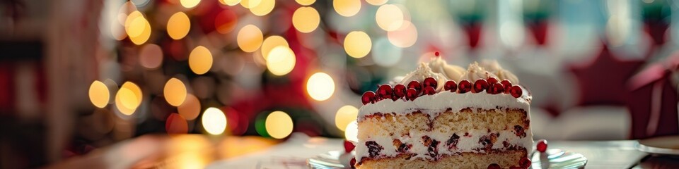 Fototapeta premium christmas cake with blurred tree in background.